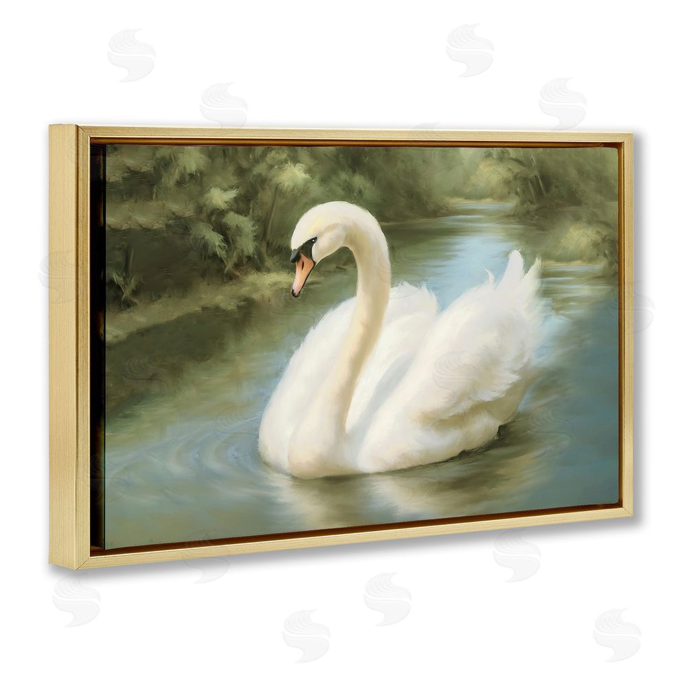 Elizabeth Medley Beautiful Swan Floating Gracefully Gold Floating Frame Canvas Wall Art Print