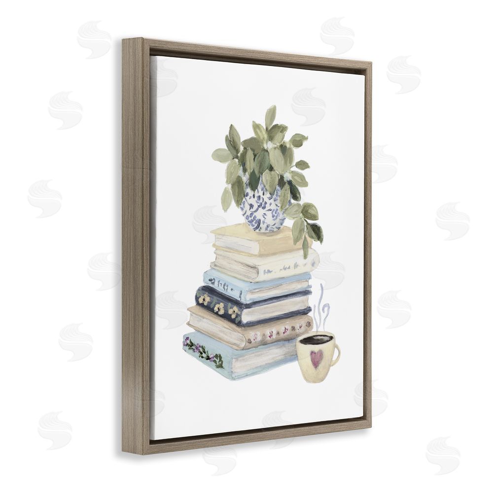 Lanie Loreth Coffee & Chapters Book Stack Brown Floating Frame Canvas Wall Art Print
