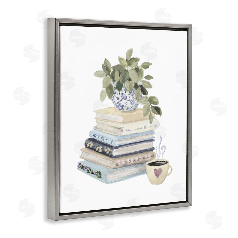 Lanie Loreth Coffee & Chapters Book Stack Gray Floating Frame Canvas Wall Art Print