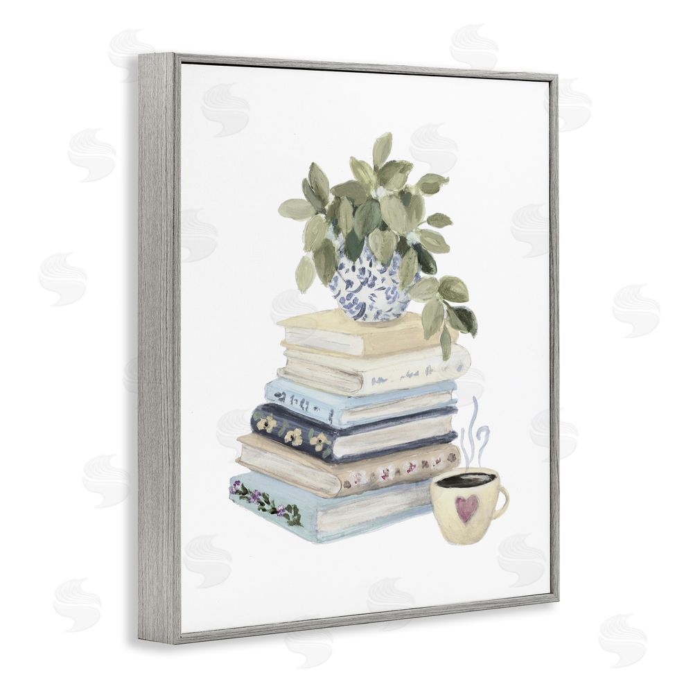 Lanie Loreth Coffee & Chapters Book Stack Gray Framed Giclee Wall Art Print