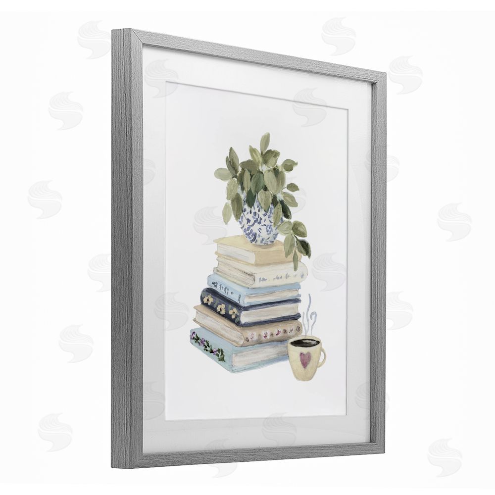 Lanie Loreth Coffee & Chapters Book Stack Gray Framed Print Under Glass Wall Art