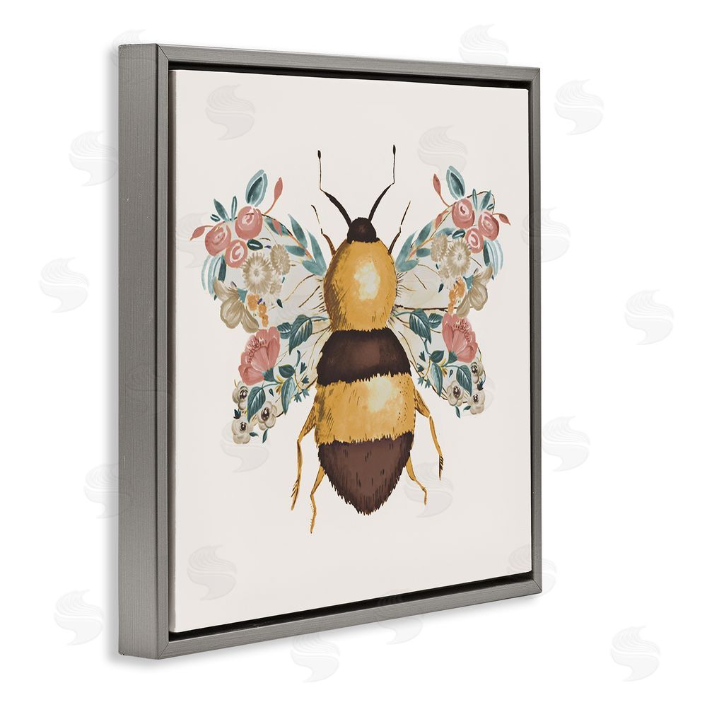 Ani Del Sol Floral Bee with Garden Wings Gray Floating Frame Canvas Wall Art Print