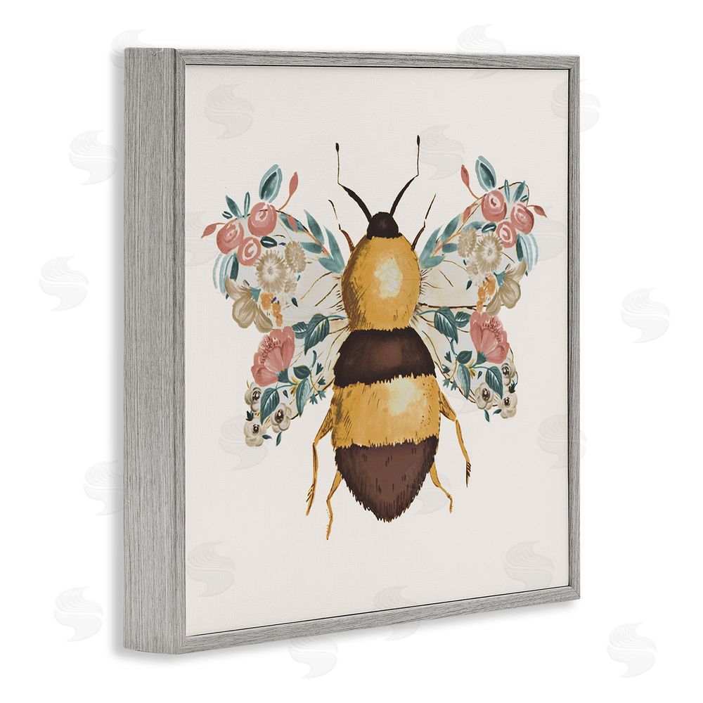 Ani Del Sol Floral Bee with Garden Wings Gray Framed Giclee Wall Art Print