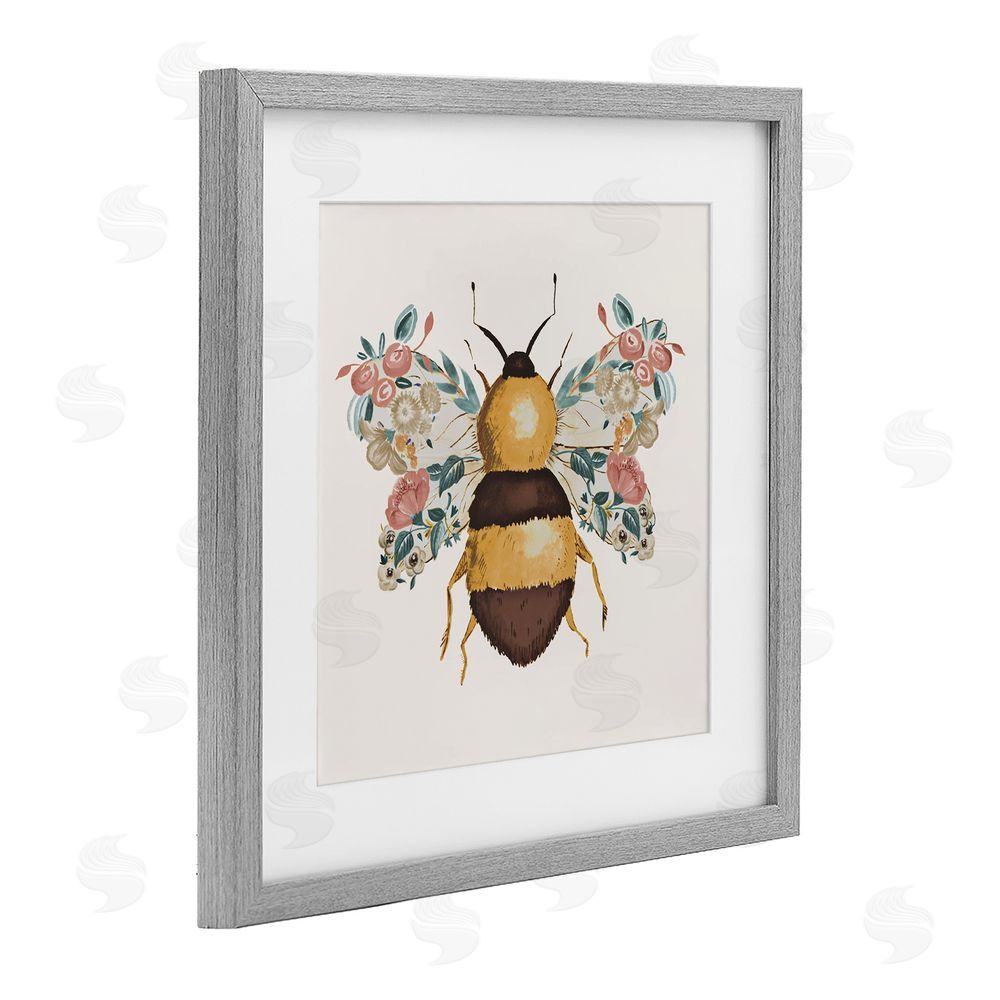 Ani Del Sol Floral Bee with Garden Wings Gray Framed Print Under Glass Wall Art