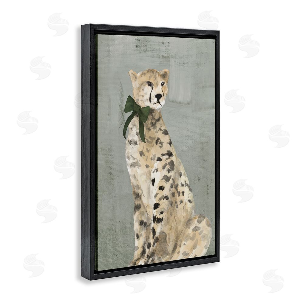 Lanie Loreth Fancy Cheetah with Green Bow Black Floating Frame Canvas Wall Art Print