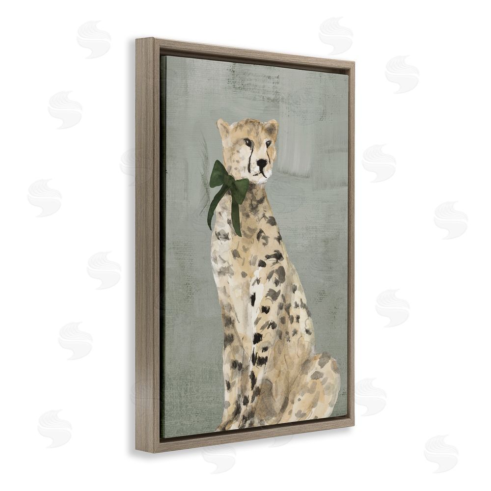 Lanie Loreth Fancy Cheetah with Green Bow Brown Floating Frame Canvas Wall Art Print