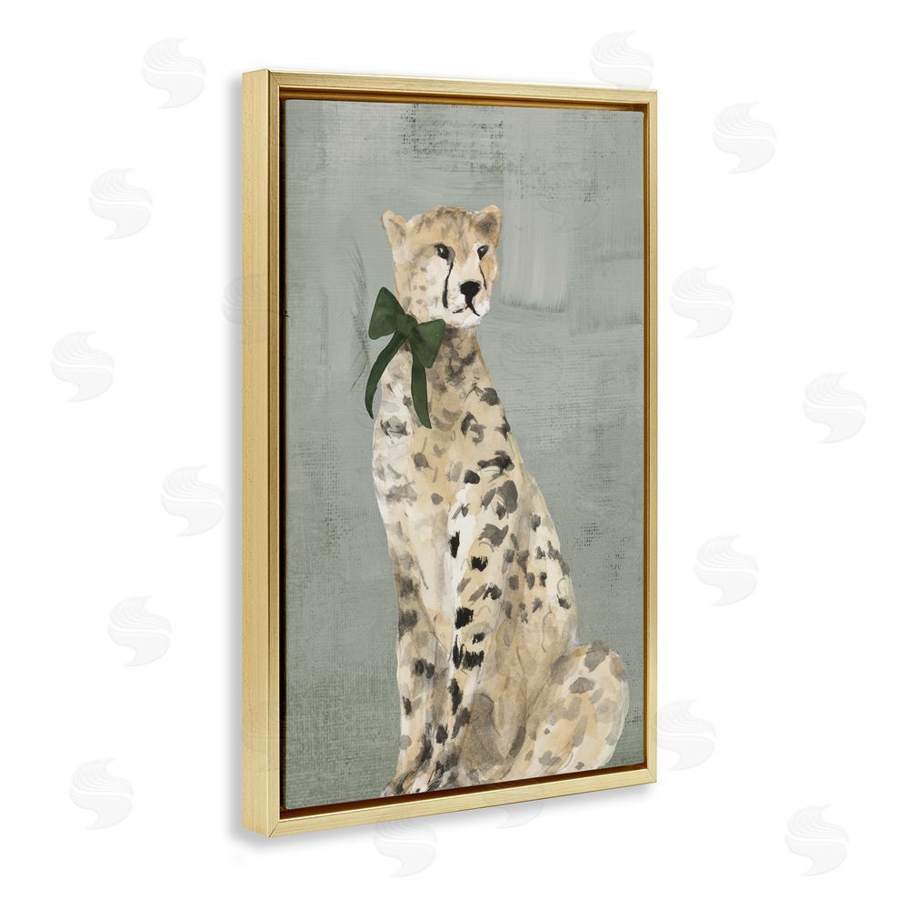 Lanie Loreth Fancy Cheetah with Green Bow Gold Floating Frame Canvas Wall Art Print