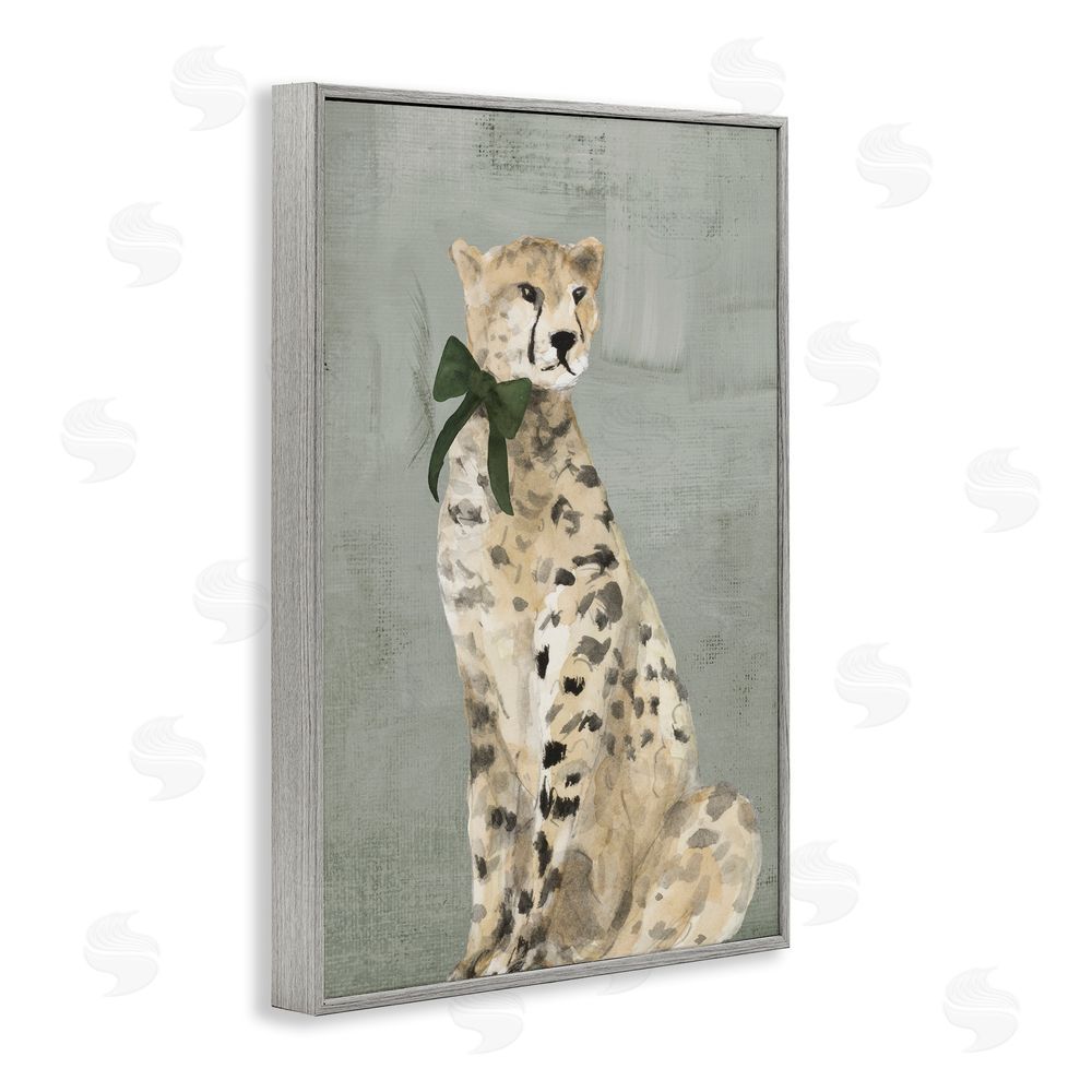 Lanie Loreth Fancy Cheetah with Green Bow Gray Framed Giclee Wall Art Print