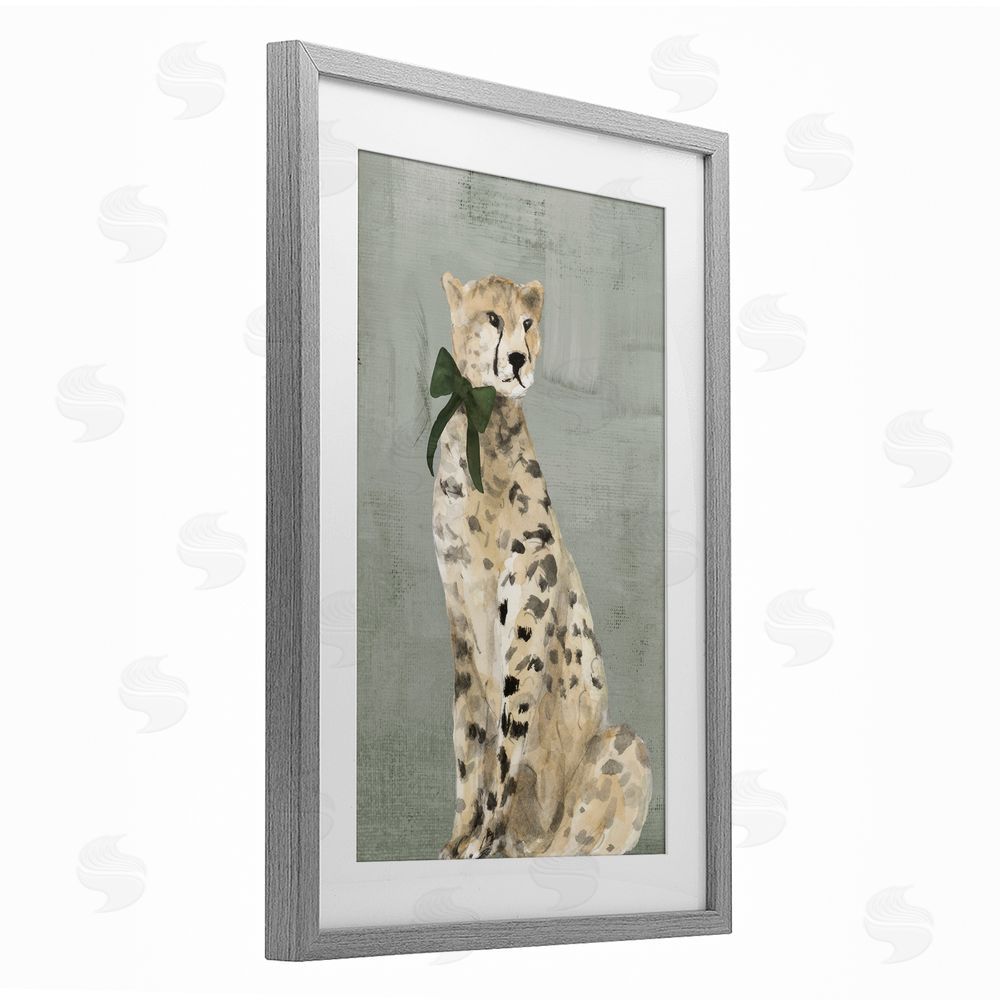 Lanie Loreth Fancy Cheetah with Green Bow Gray Framed Print Under Glass Wall Art