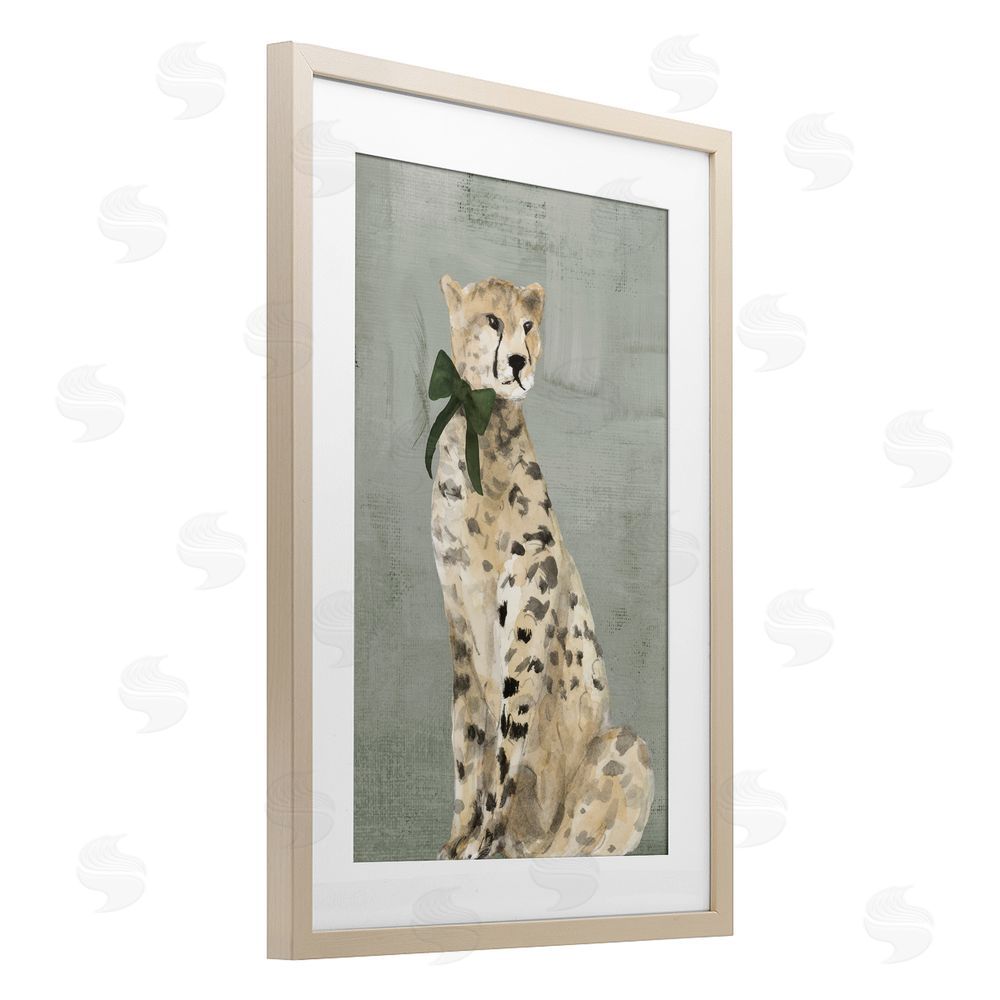 Lanie Loreth Fancy Cheetah with Green Bow Brown Framed Print Under Glass Wall Art