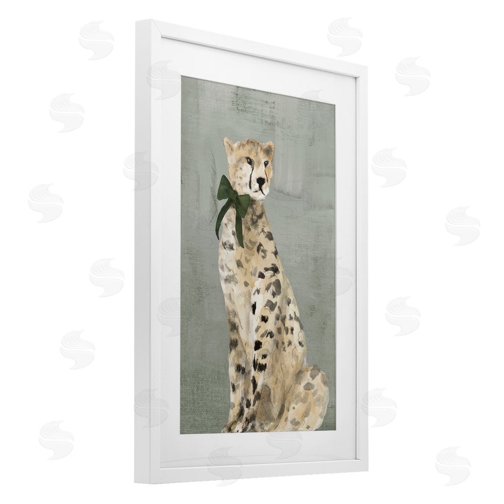 Lanie Loreth Fancy Cheetah with Green Bow White Framed Print Under Glass Wall Art