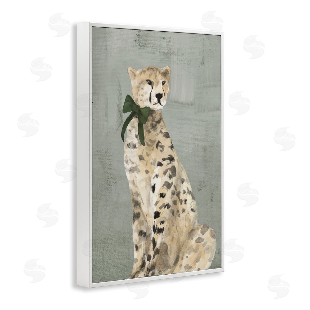 Lanie Loreth Fancy Cheetah with Green Bow White Framed Giclee Wall Art Print