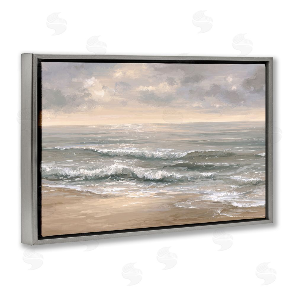 Jacky Ngan Soft Rolling Beach Waves Gray Floating Frame Canvas Wall Art Print