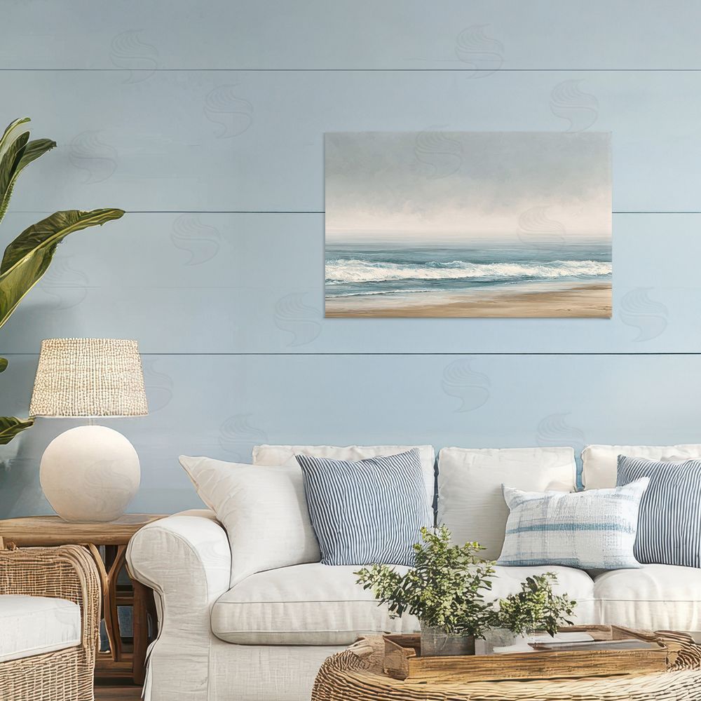 Jacky Ngan Tranquil Mist Beachscape Stretched Canvas Wall Art in Room