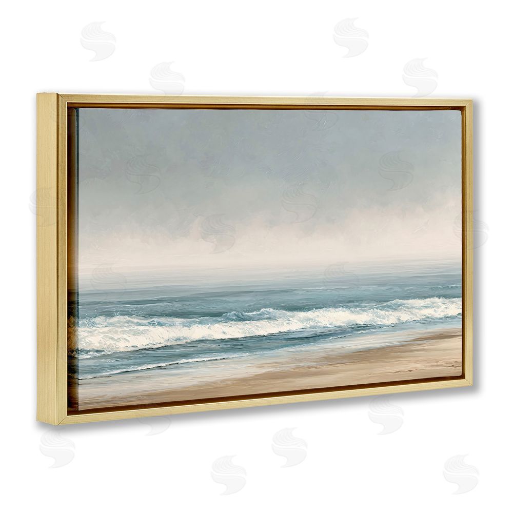 Jacky Ngan Tranquil Mist Beachscape Gold Floating Frame Canvas Wall Art Print