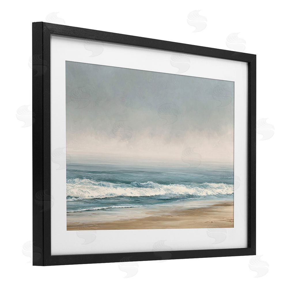 Jacky Ngan Tranquil Mist Beachscape Black Framed Print Under Glass Wall Art