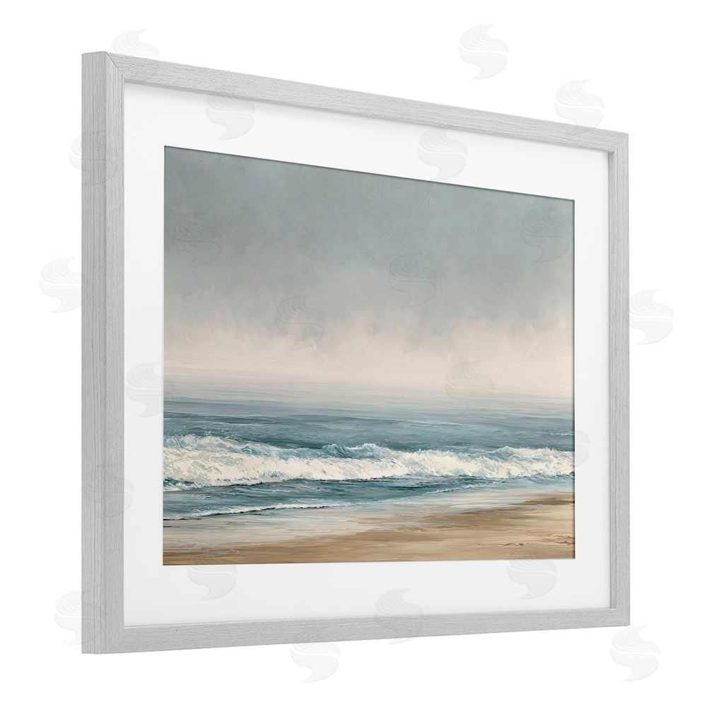 Jacky Ngan Tranquil Mist Beachscape Gray Framed Print Under Glass Wall Art