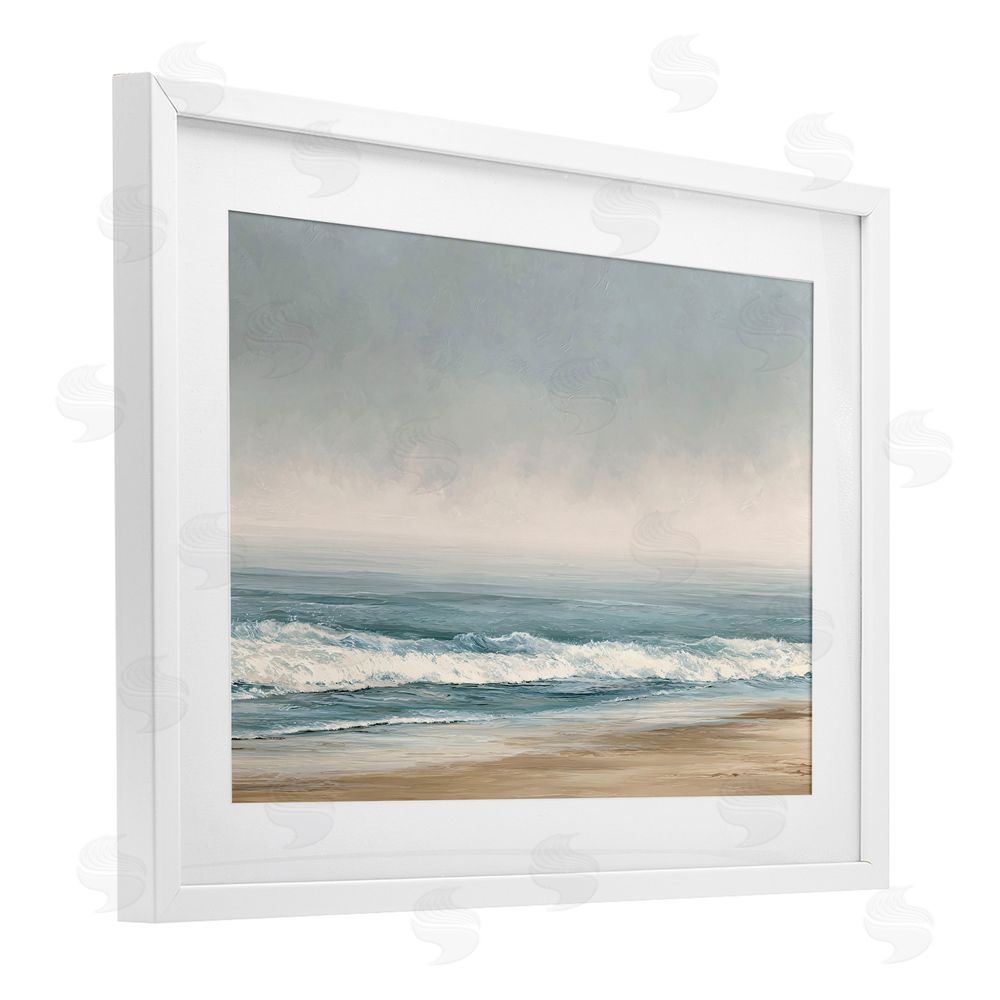 Jacky Ngan Tranquil Mist Beachscape White Framed Print Under Glass Wall Art
