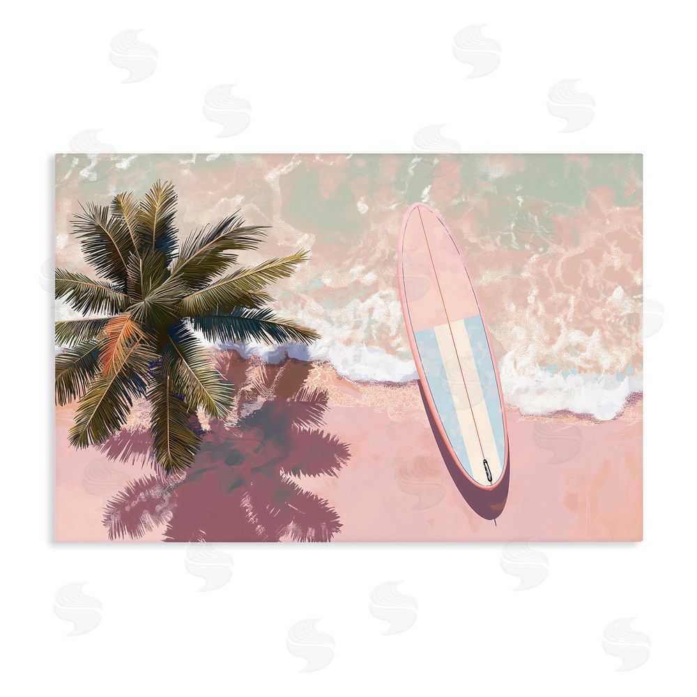 Jacky Ngan Blush Pink Surfboard & Palm Stretched Canvas Wall Art Print