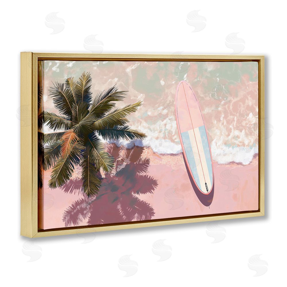 Jacky Ngan Blush Pink Surfboard & Palm Gold Floating Frame Canvas Wall Art Print