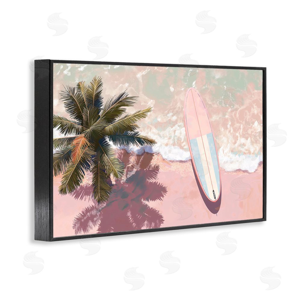 Jacky Ngan Blush Pink Surfboard & Palm Black Framed Giclee Wall Art Print