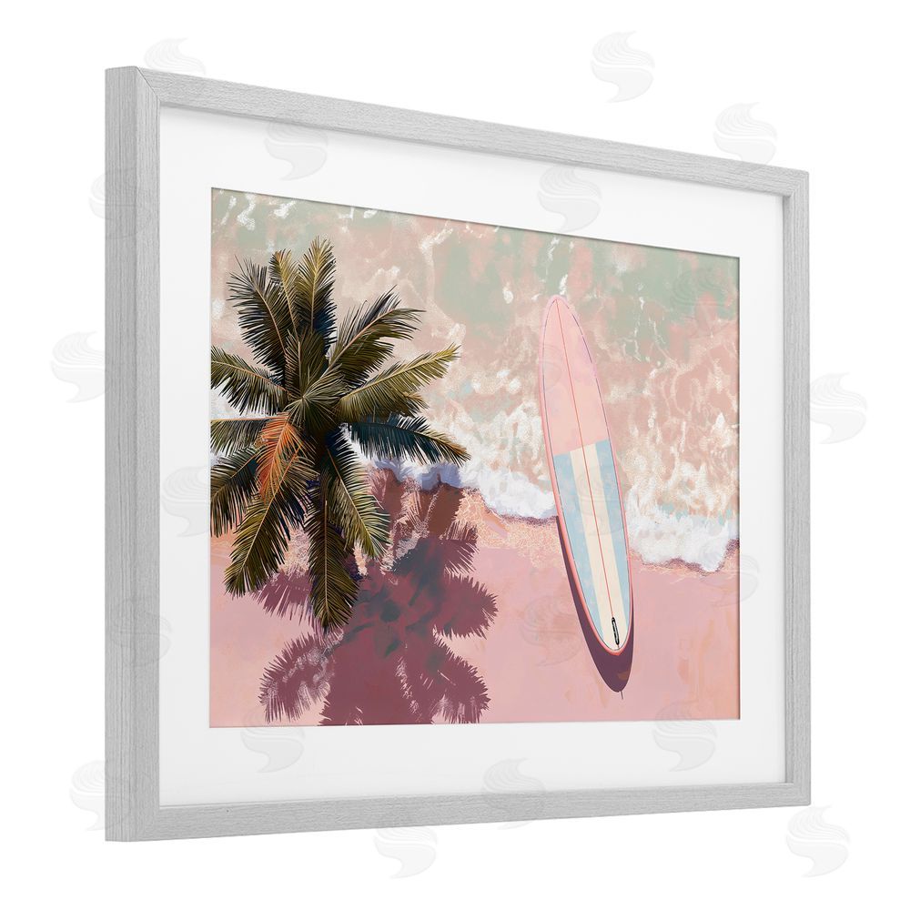 Jacky Ngan Blush Pink Surfboard & Palm Gray Framed Print Under Glass Wall Art
