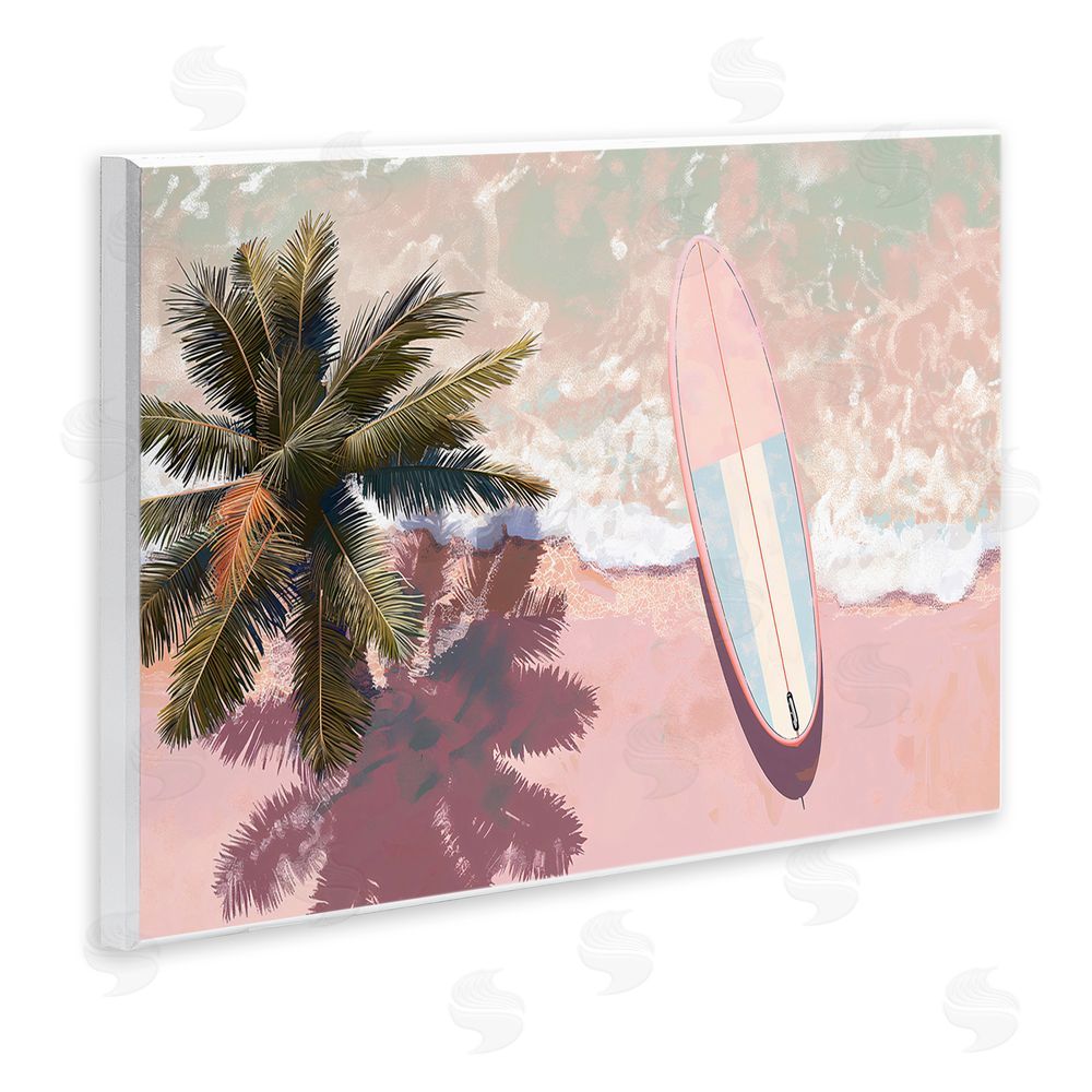 Jacky Ngan Blush Pink Surfboard & Palm Wooden Wall Plaque Art Print