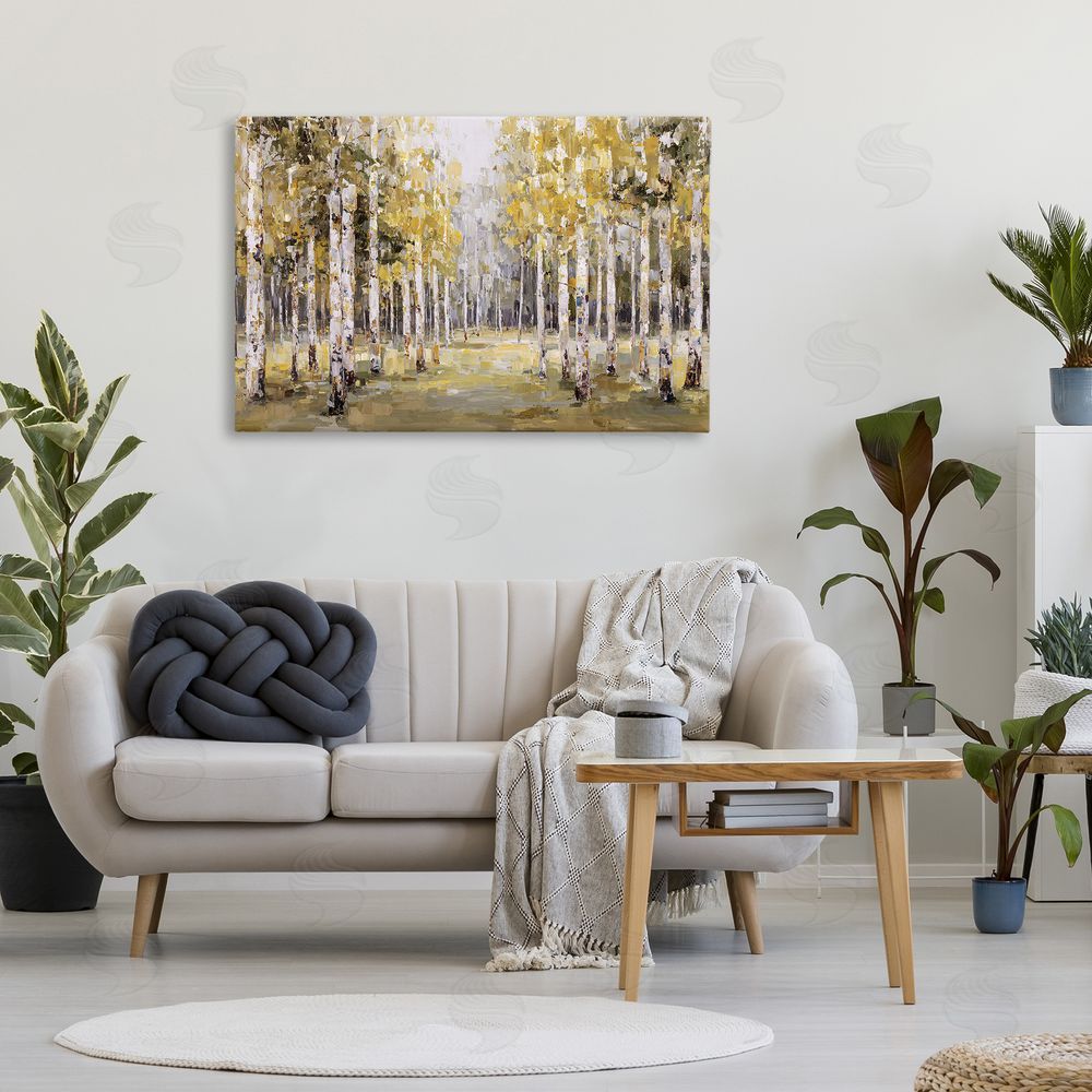 Jacky Ngan Impressionist Birch Trees & Fall Leaves Stretched Canvas Wall Art in Room