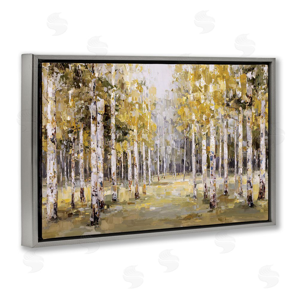 Jacky Ngan Impressionist Birch Trees & Fall Leaves Gray Floating Frame Canvas Wall Art Print