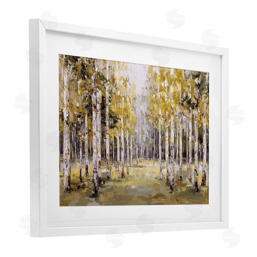 Jacky Ngan Impressionist Birch Trees & Fall Leaves White Framed Print Under Glass Wall Art