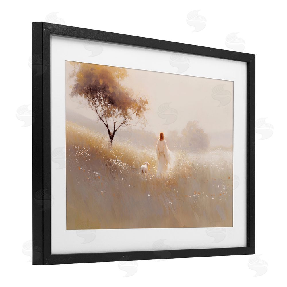Jacky Ngan Spiritual Shepherd & Lamb Black Framed Print Under Glass Wall Art