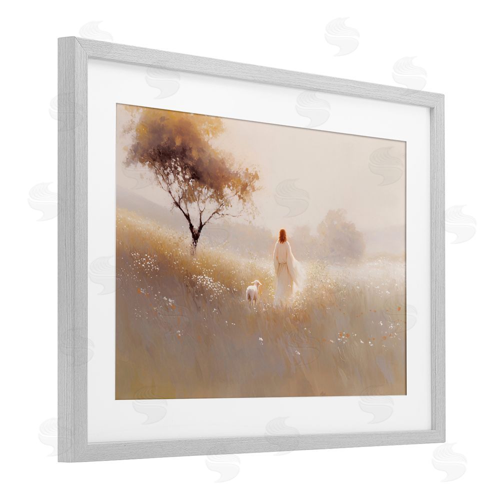 Jacky Ngan Spiritual Shepherd & Lamb Gray Framed Print Under Glass Wall Art