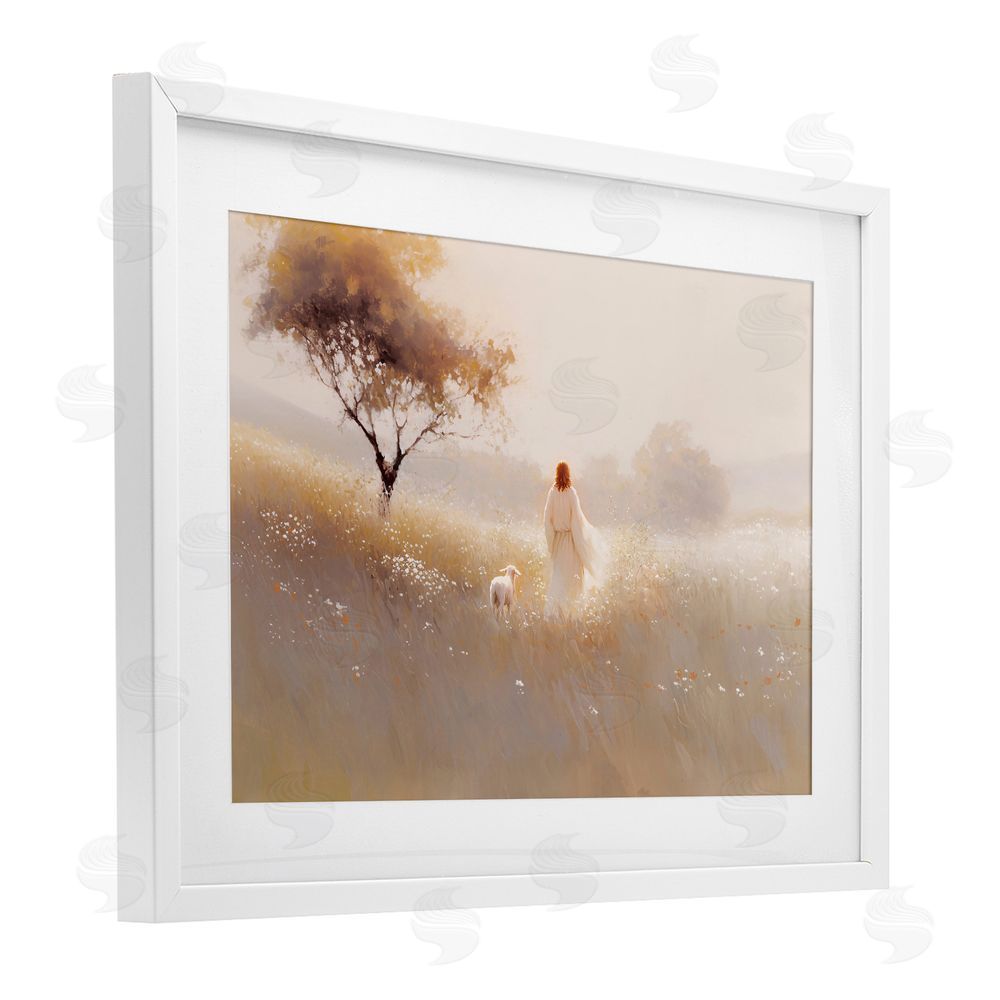 Jacky Ngan Spiritual Shepherd & Lamb White Framed Print Under Glass Wall Art