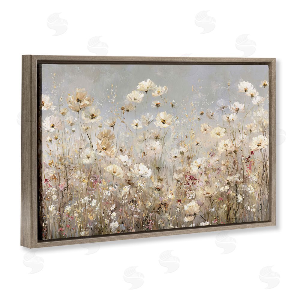 Jacky Ngan White Daisy Clusters Meadow Brown Floating Frame Canvas Wall Art Print