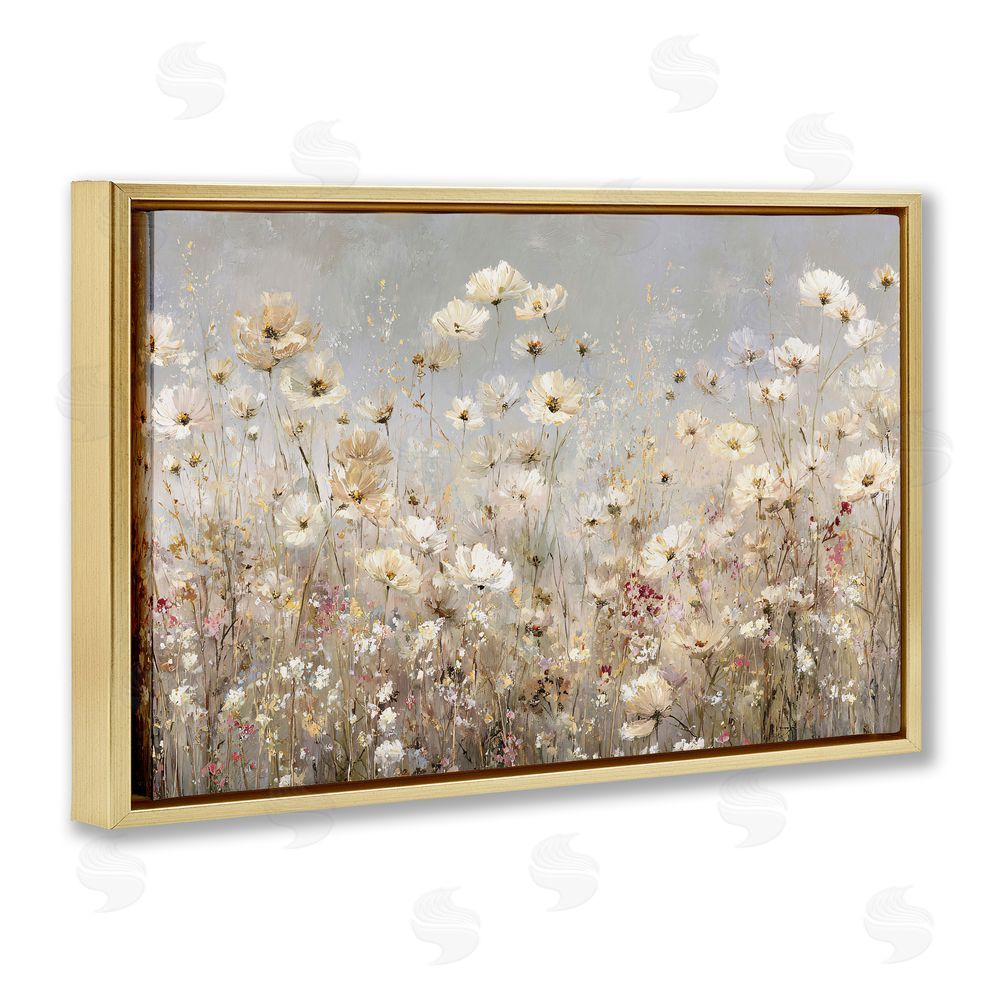 Jacky Ngan White Daisy Clusters Meadow Gold Floating Frame Canvas Wall Art Print