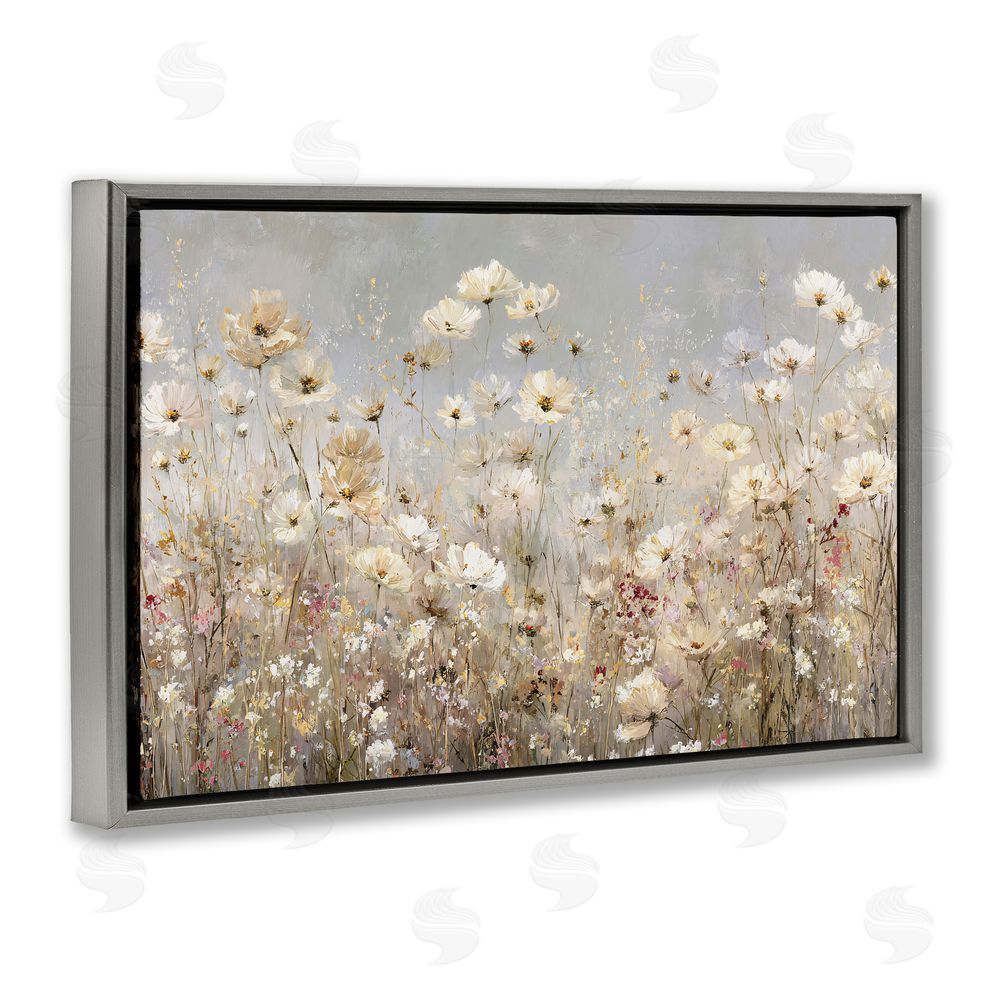 Jacky Ngan White Daisy Clusters Meadow Gray Floating Frame Canvas Wall Art Print