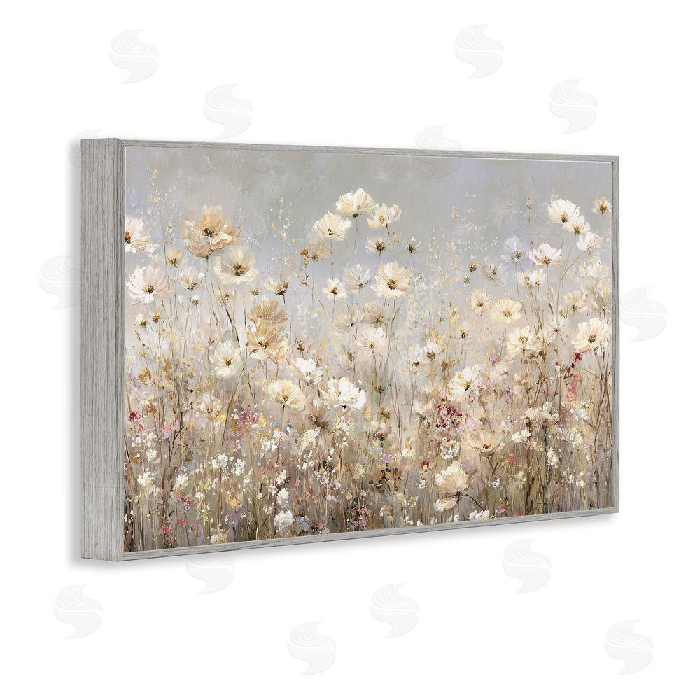 Jacky Ngan White Daisy Clusters Meadow Gray Framed Giclee Wall Art Print