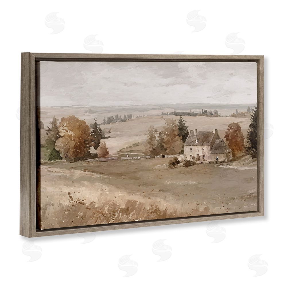 Jacky Ngan Quaint Cottage in Countryside Brown Floating Frame Canvas Wall Art Print