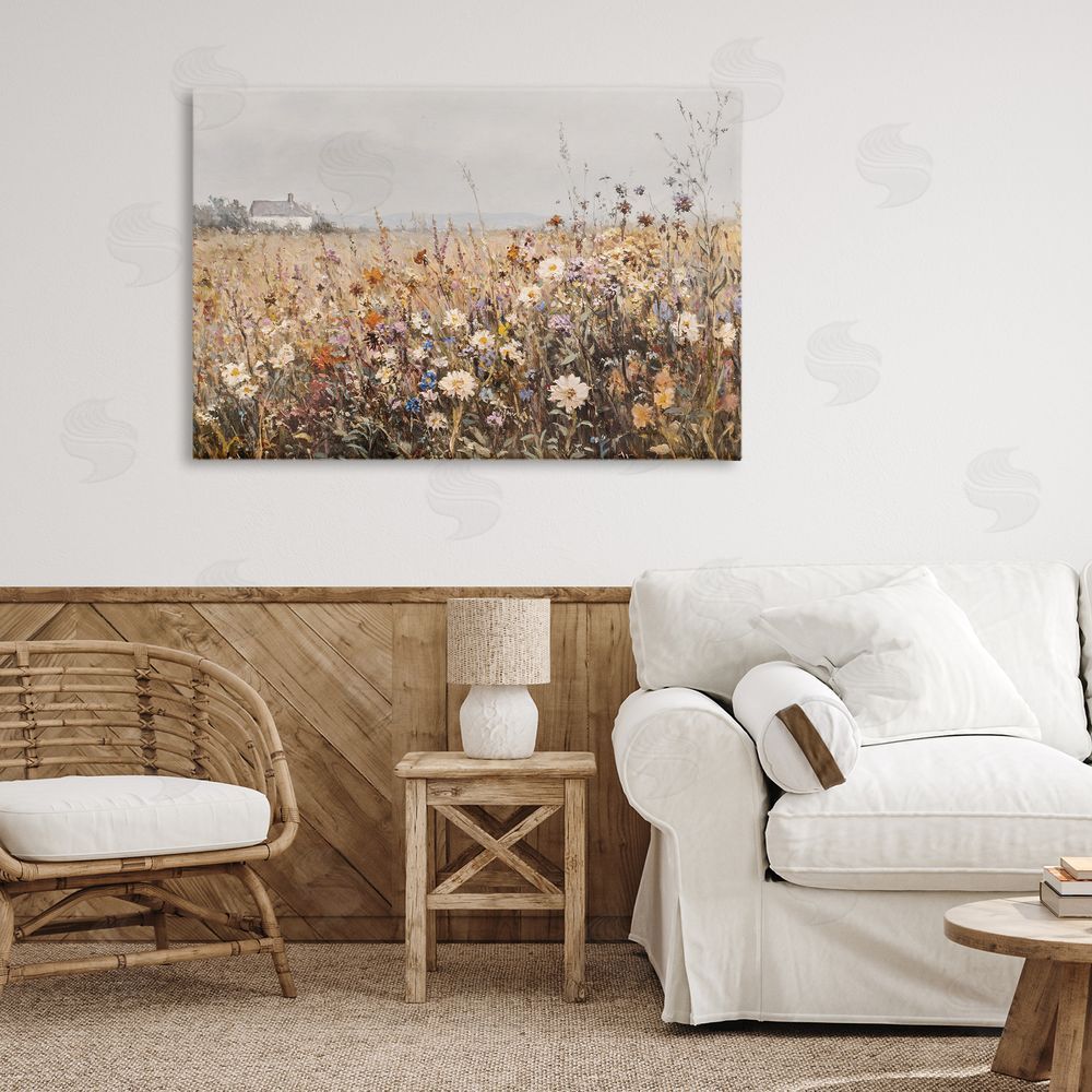 Jacky Ngan Quaint Cottage Meadow Stretched Canvas Wall Art in Room