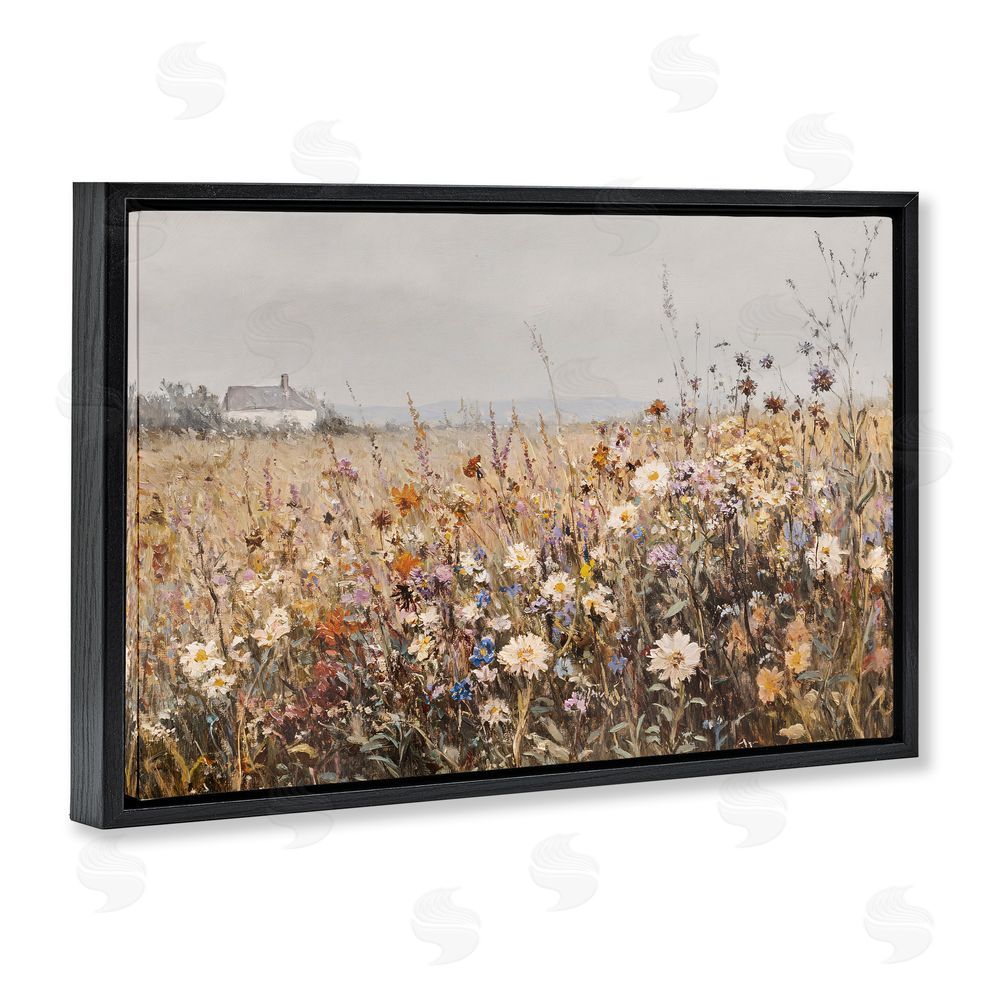 Jacky Ngan Quaint Cottage Meadow Black Floating Frame Canvas Wall Art Print