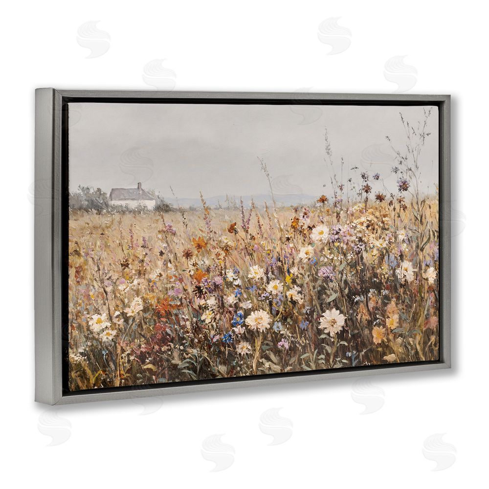 Jacky Ngan Quaint Cottage Meadow Gray Floating Frame Canvas Wall Art Print