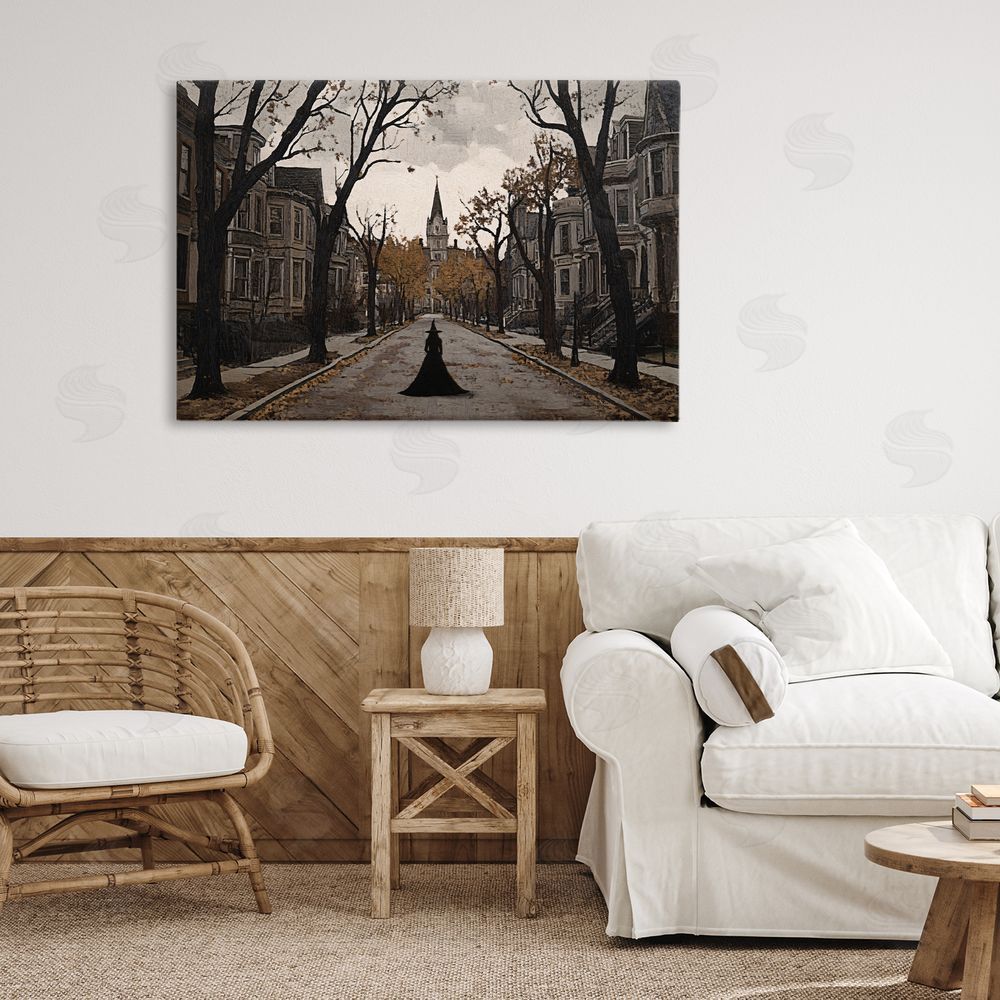 Jacky Ngan Witch Strolling Town Streets Stretched Canvas Wall Art in Room