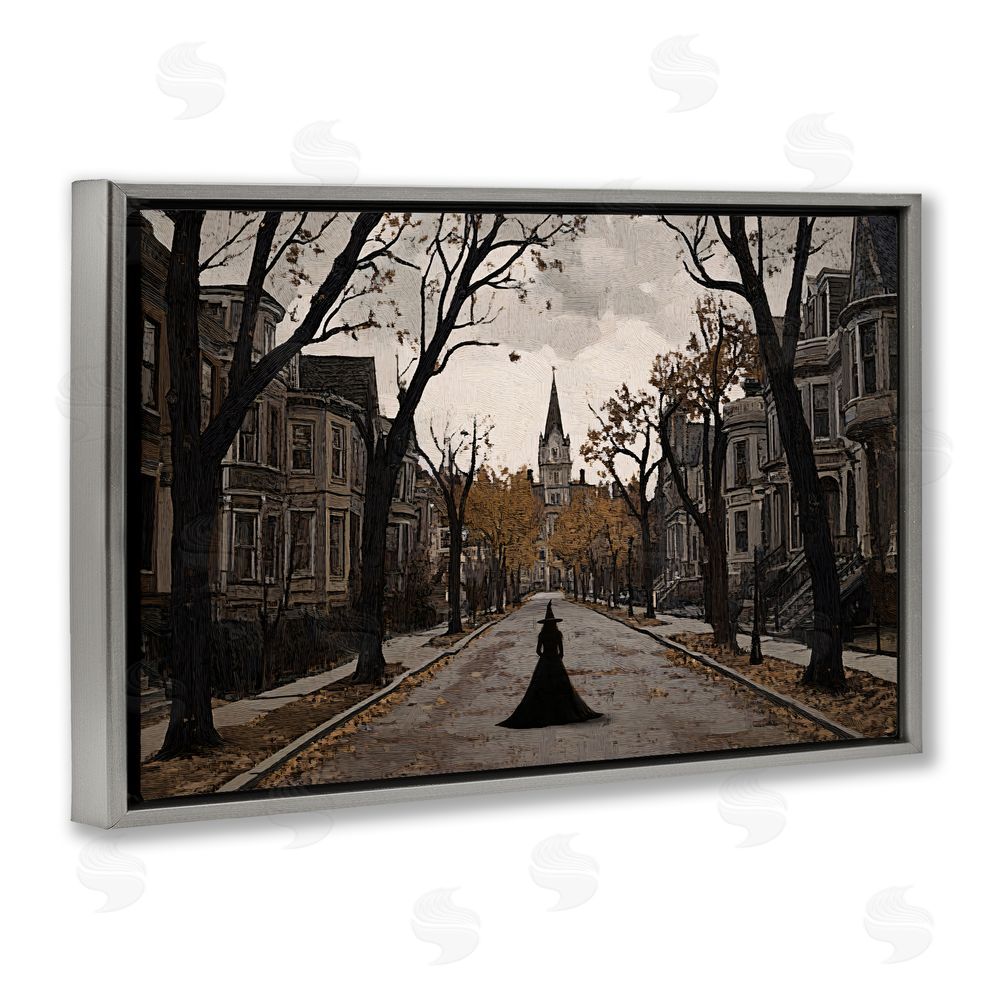 Jacky Ngan Witch Strolling Town Streets Gray Floating Frame Canvas Wall Art Print