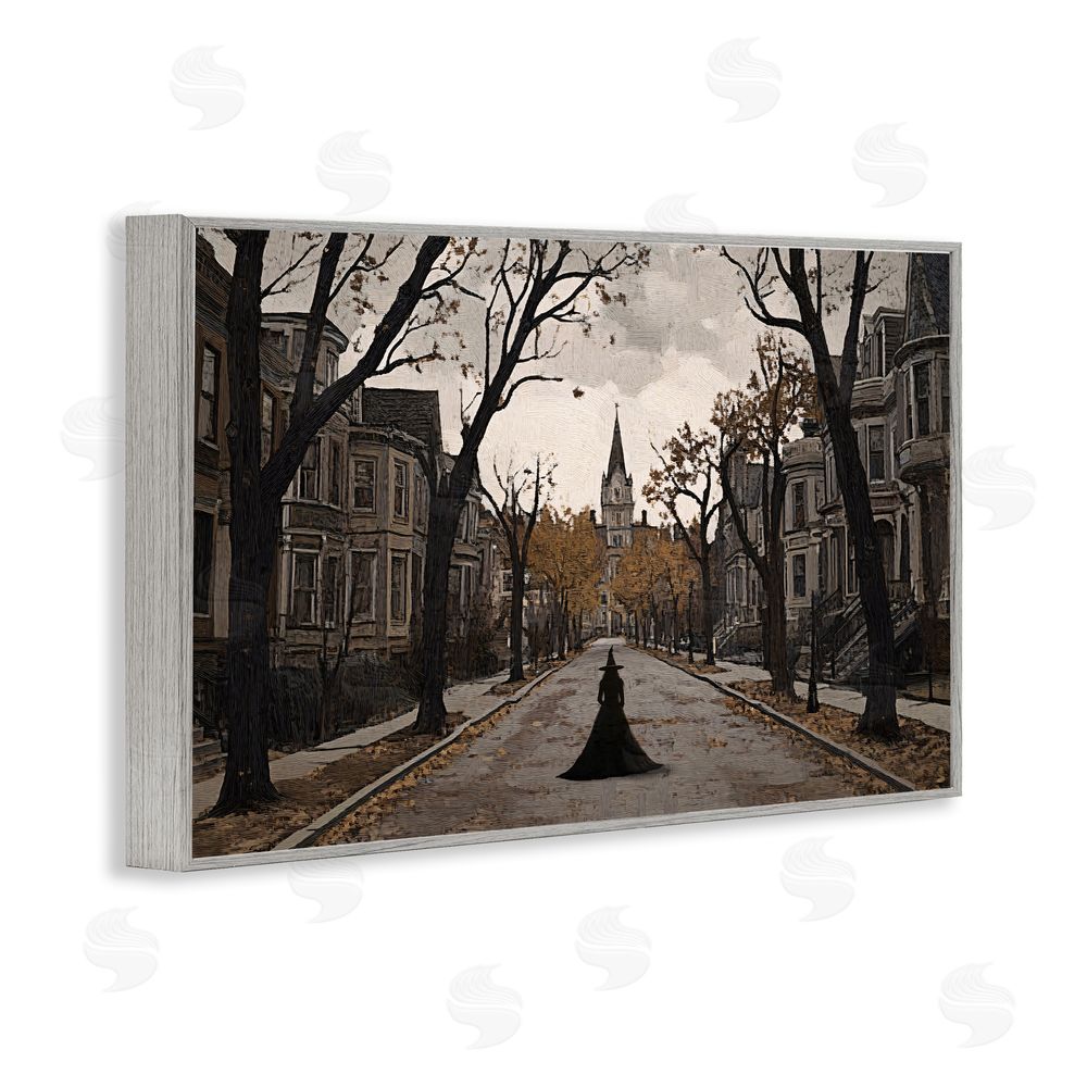 Jacky Ngan Witch Strolling Town Streets Gray Framed Giclee Wall Art Print