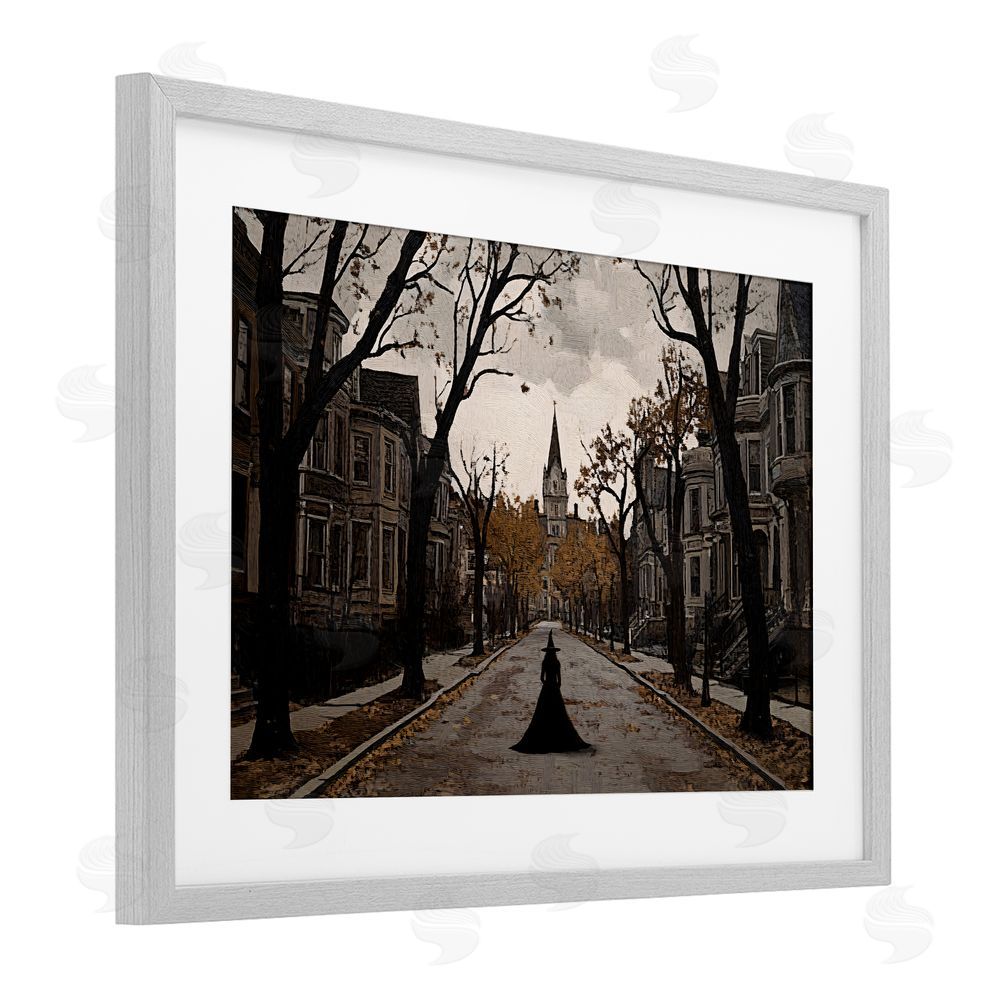 Jacky Ngan Witch Strolling Town Streets Gray Framed Print Under Glass Wall Art