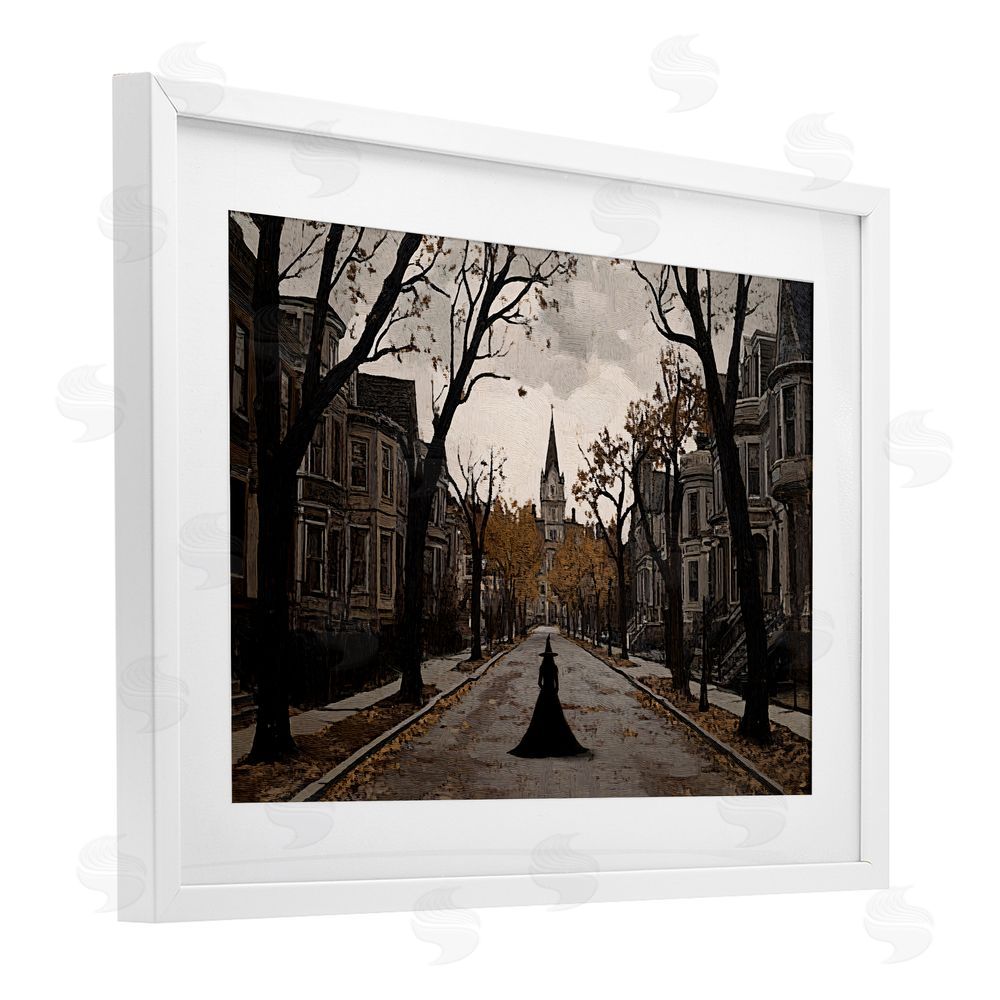 Jacky Ngan Witch Strolling Town Streets White Framed Print Under Glass Wall Art