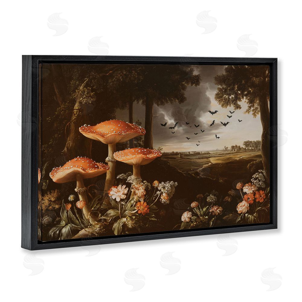 Jacky Ngan Bats in Autumn Forest Black Floating Frame Canvas Wall Art Print