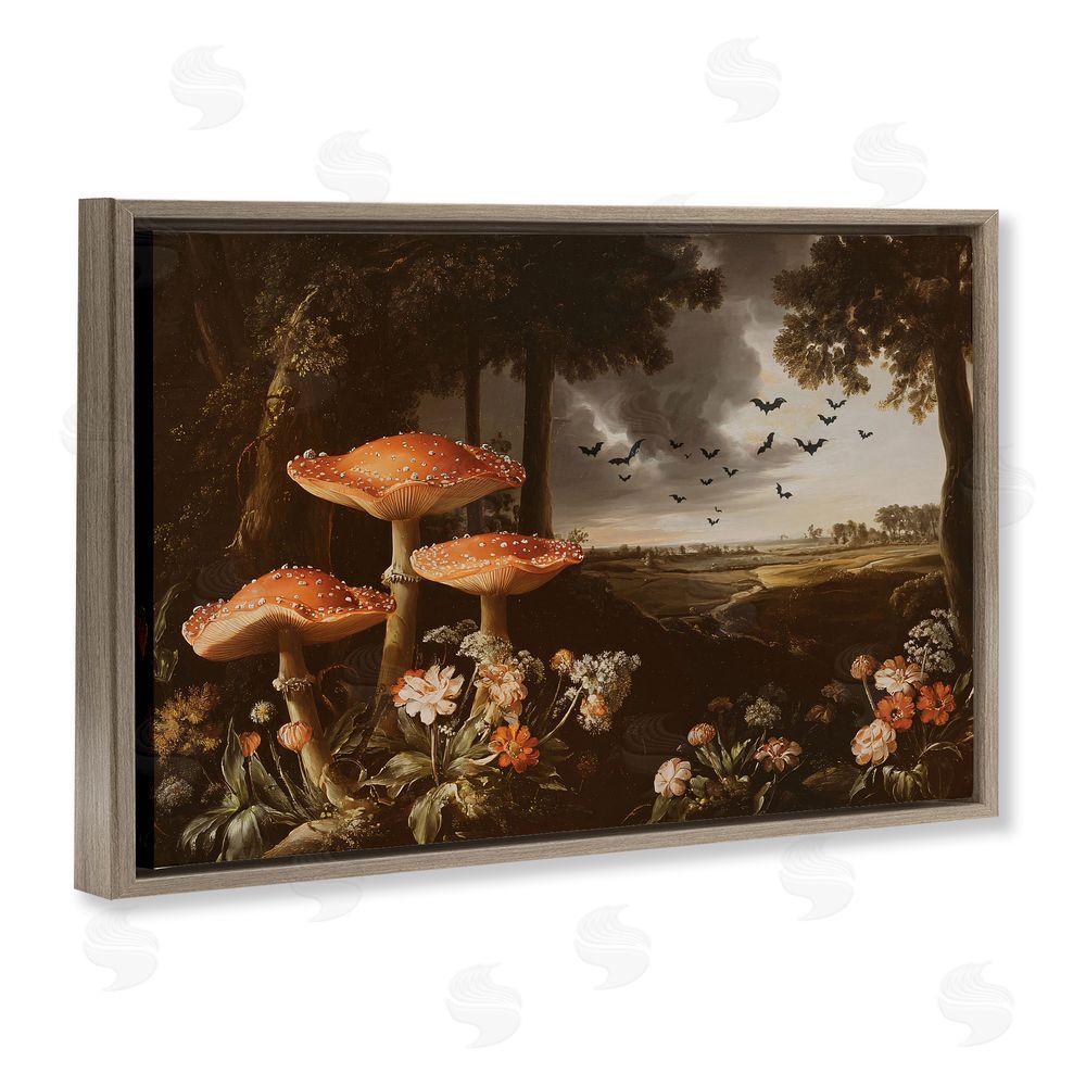 Jacky Ngan Bats in Autumn Forest Brown Floating Frame Canvas Wall Art Print
