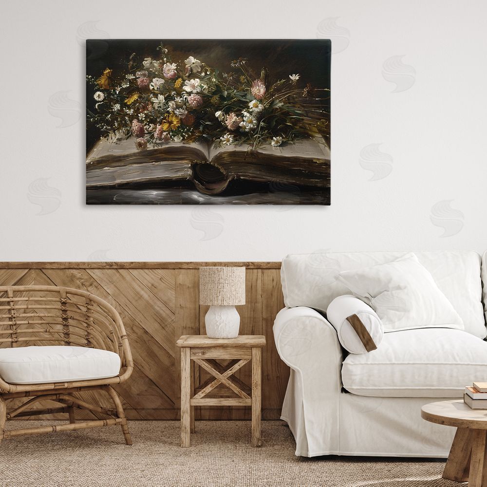Jacky Ngan Antique Floral Open Book Stretched Canvas Wall Art in Room