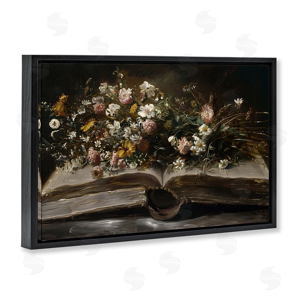 Jacky Ngan Antique Floral Open Book Black Floating Frame Canvas Wall Art Print